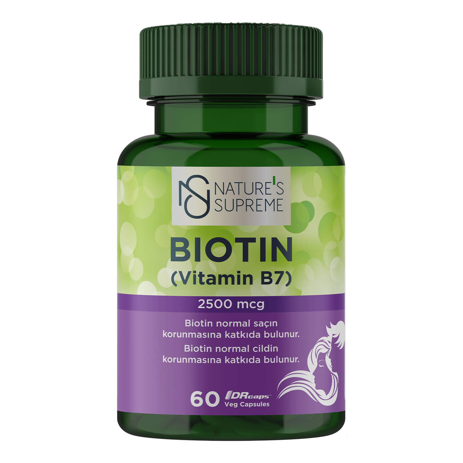 NATURE'S SUPREME Biotin 2500 мкг — 60 растительных капсул — Упаковка — лицевая сторона