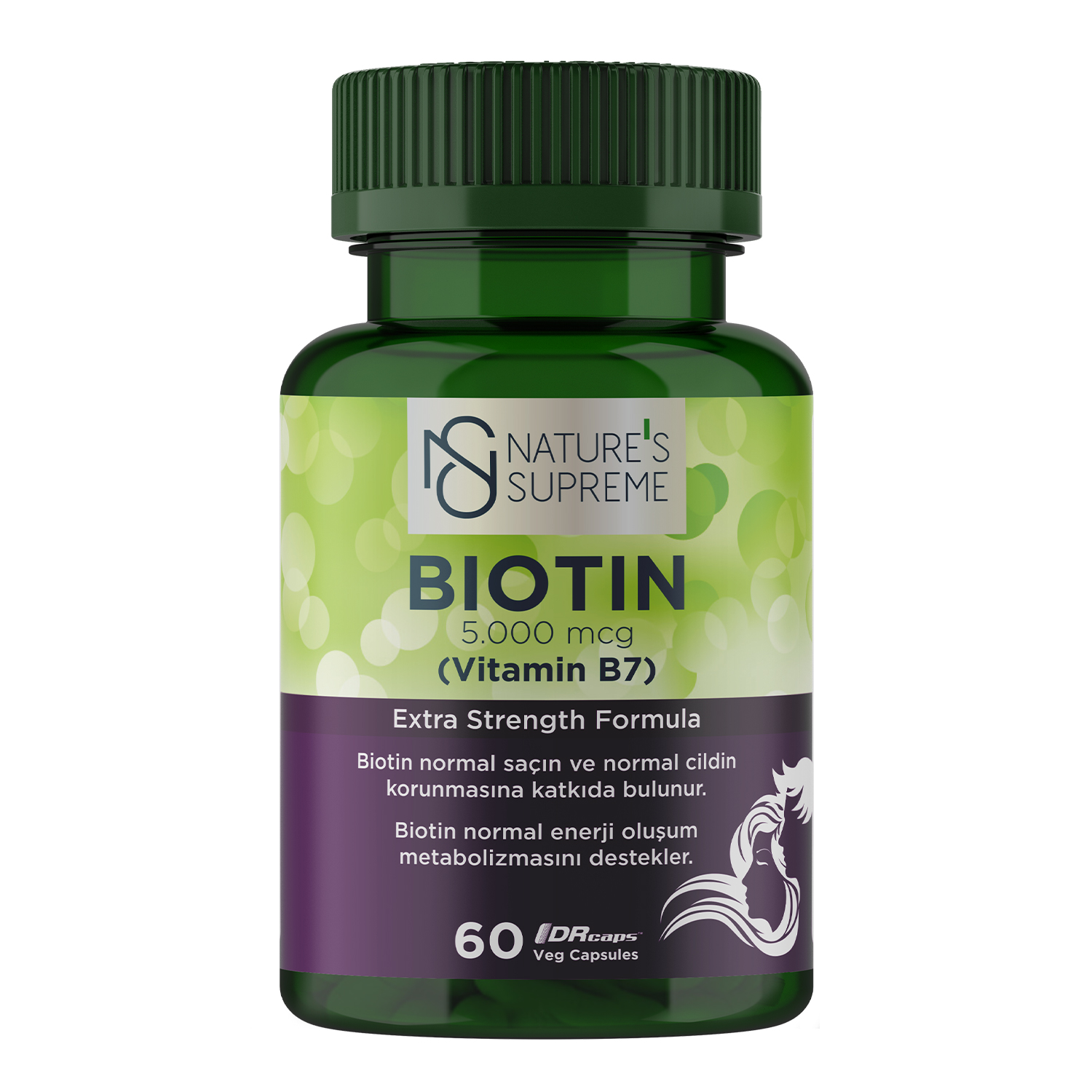 NATURE'S SUPREME Biotin 5000 мкг — 60 растительных капсул — Упаковка — лицевая сторона