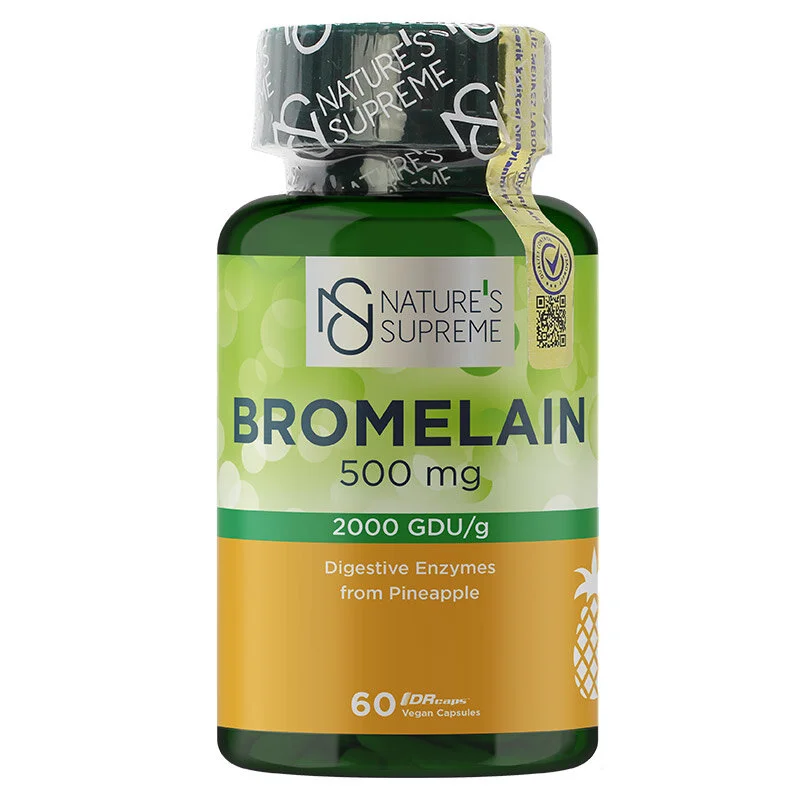 NATURE'S SUPREME Bromelain 500 мг — 60 растительных капсул — Упаковка — лицевая сторона