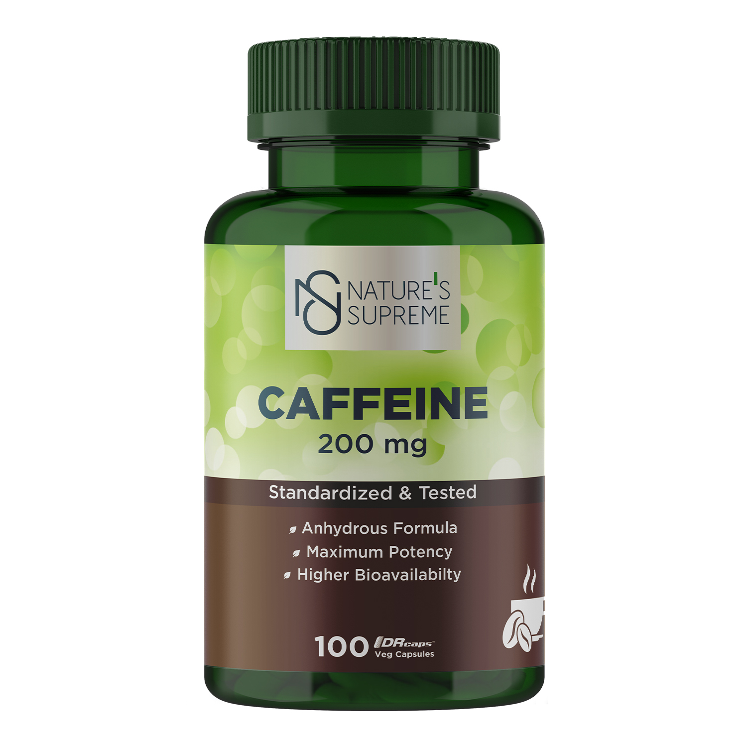 NATURE'S SUPREME Caffeine 200 мг — 100 растительных капсул — Упаковка — лицевая сторона