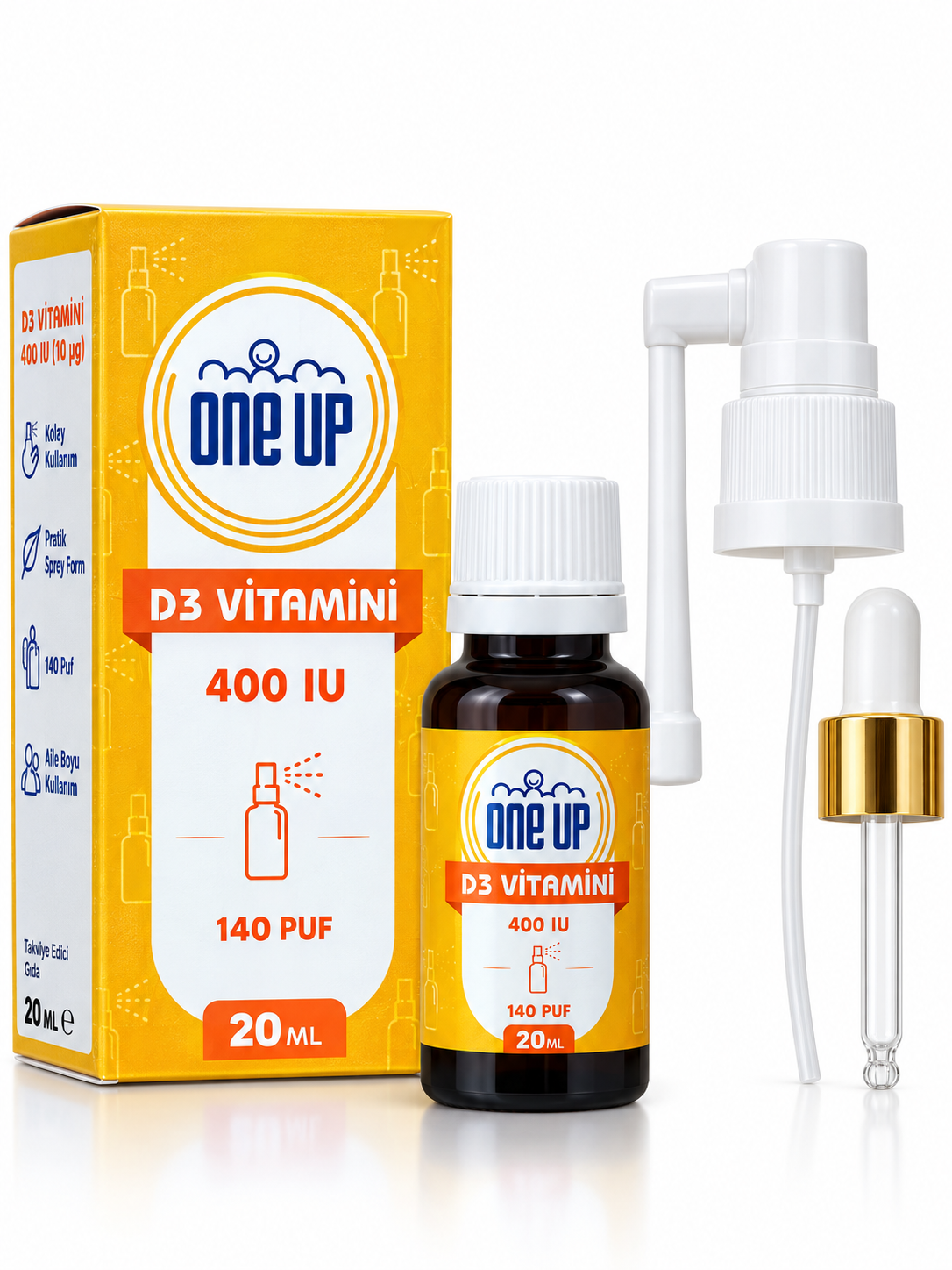 ONE UP Витамин D3 400 МЕ — спрей и капли 20 мл — Упаковка — лицевая сторона